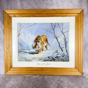 Vtg Sylvia Duran Tiger in the Snow Framed Art Print Big Cat Wildlife Decor Y2K